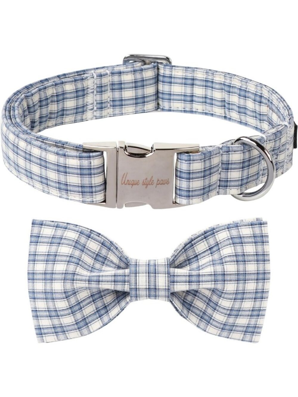 Stylish Cotton Dog Collar with Bow - Blue & White Grid for Small to Large Dogs